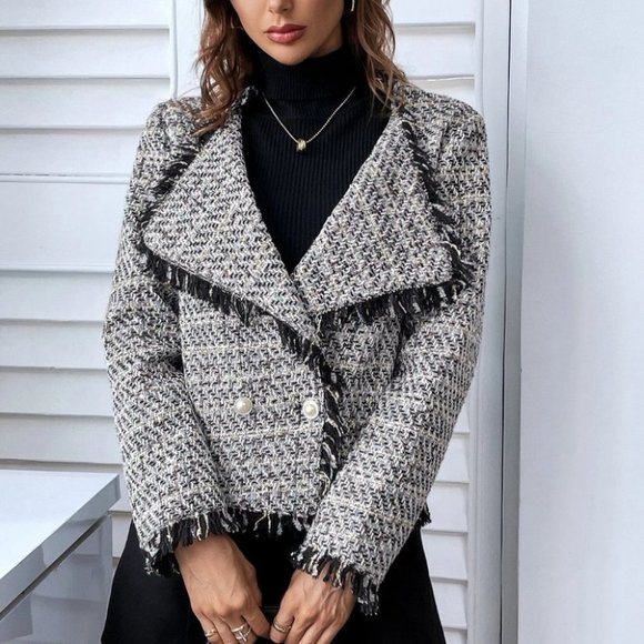 MODA ME COUTURE Jackets & Blazers - Preppy Womens Waterfall Neck Raw Trimmed Open Front Jacket Black/White